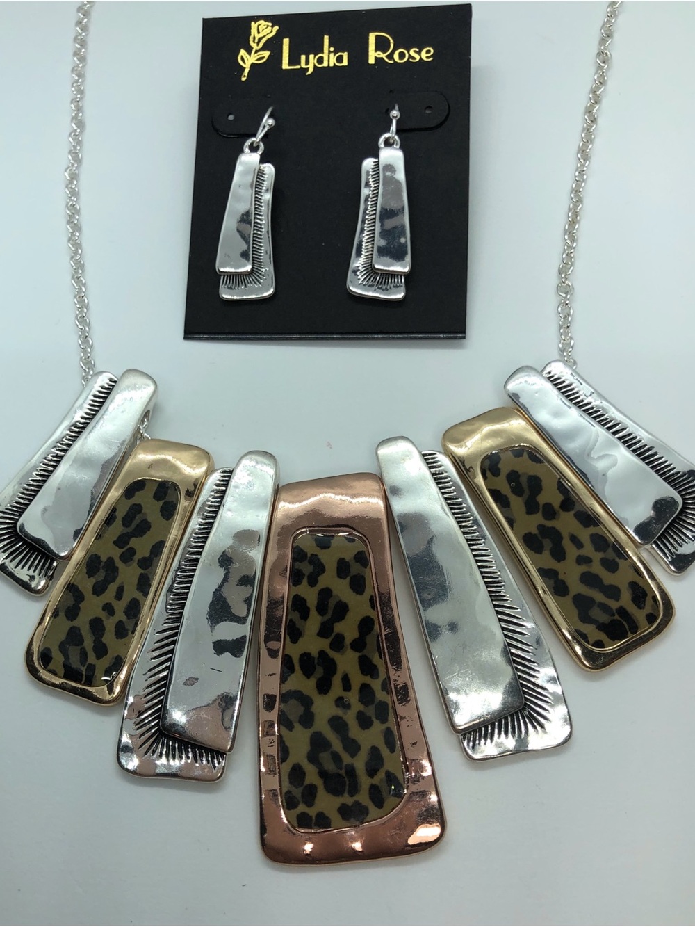 Leopard Multi-Tone Bib Necklace & Earring Set - Silver, Gold, Rose Gold